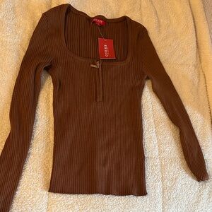 GUESS Chocolate Long Sleeve Ribbed Top